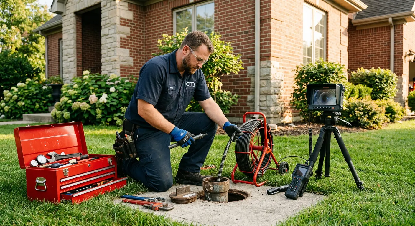 Sewer specialist with camera equipment servicing a cleanout in North Bend