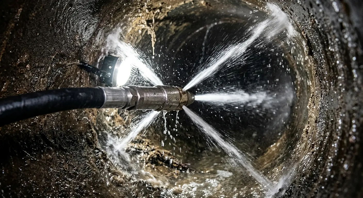 High-pressure hydro jetting nozzle cleaning sewer pipe for Trenchless Sewer Repair in North Bend
