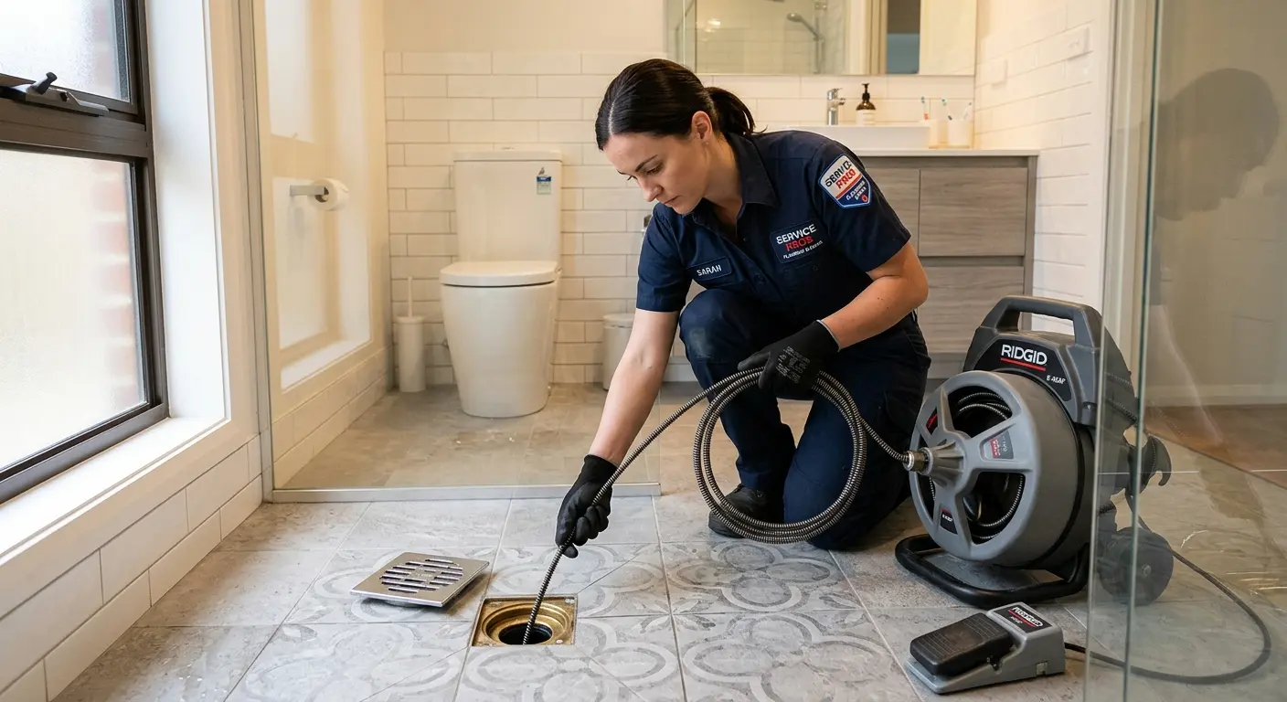 Technician clearing a bathroom floor drain for Drain Repair in North Bend